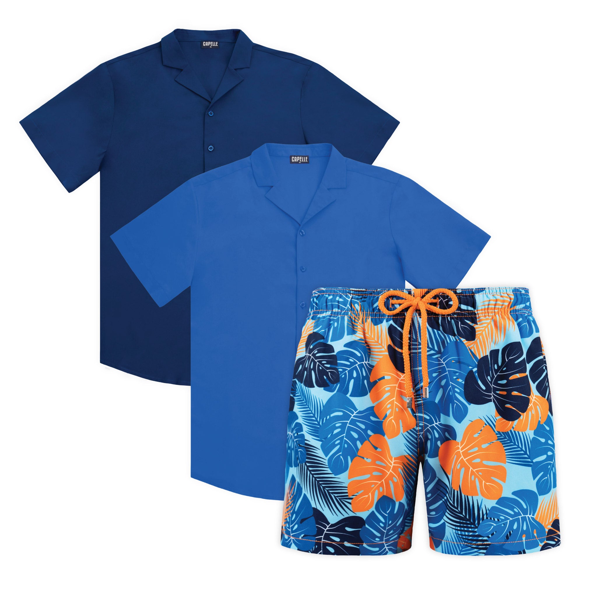Blue Motion resort set, Blue Sapphire and Ocean Blue shirts with Blue Jungle hybrid swim shorts