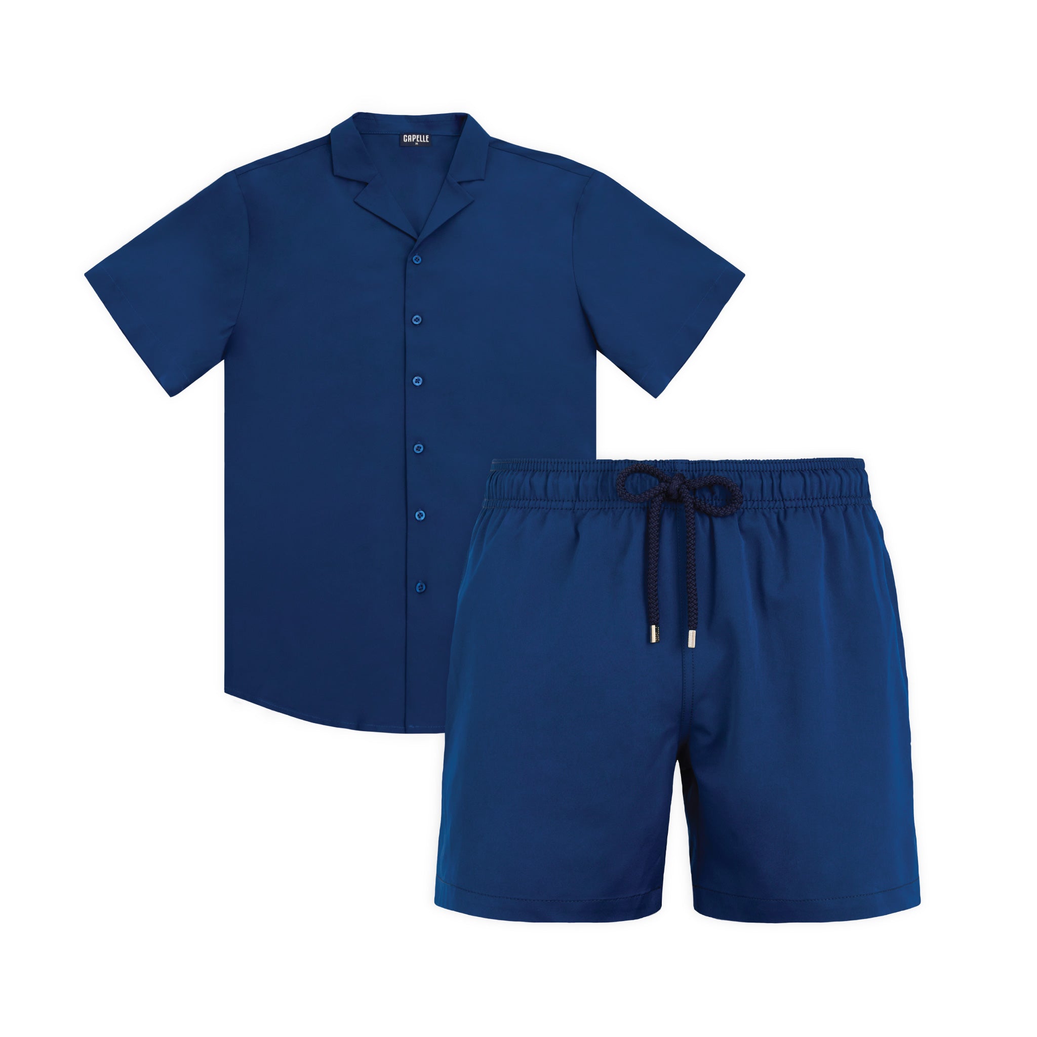 Blue Sapphire matching resort set, royal blue shirt and royal blue hybrid swim short shown together