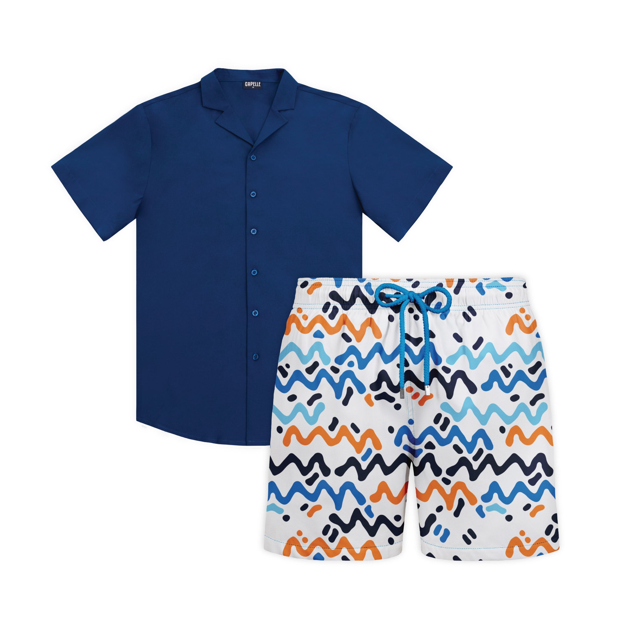 Deep Current resort set, Blue Sapphire shirt with Line Rush Ocean and Sol hybrid swim shorts