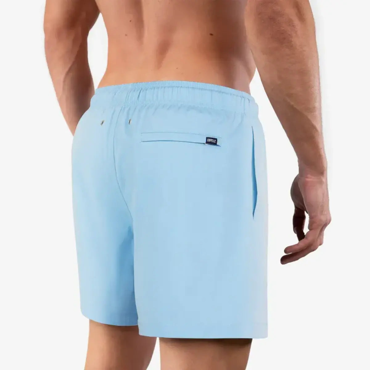 Blue Azure men's hybrid swim short in solid pale sky blue, back view