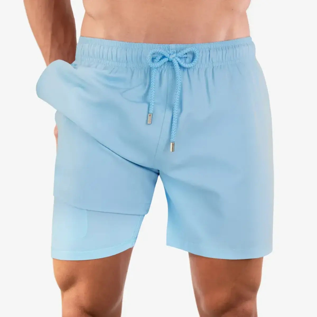 Blue Azure men's hybrid swim short in solid pale sky blue with a matching drawstring, front view showing the built-in compression liner