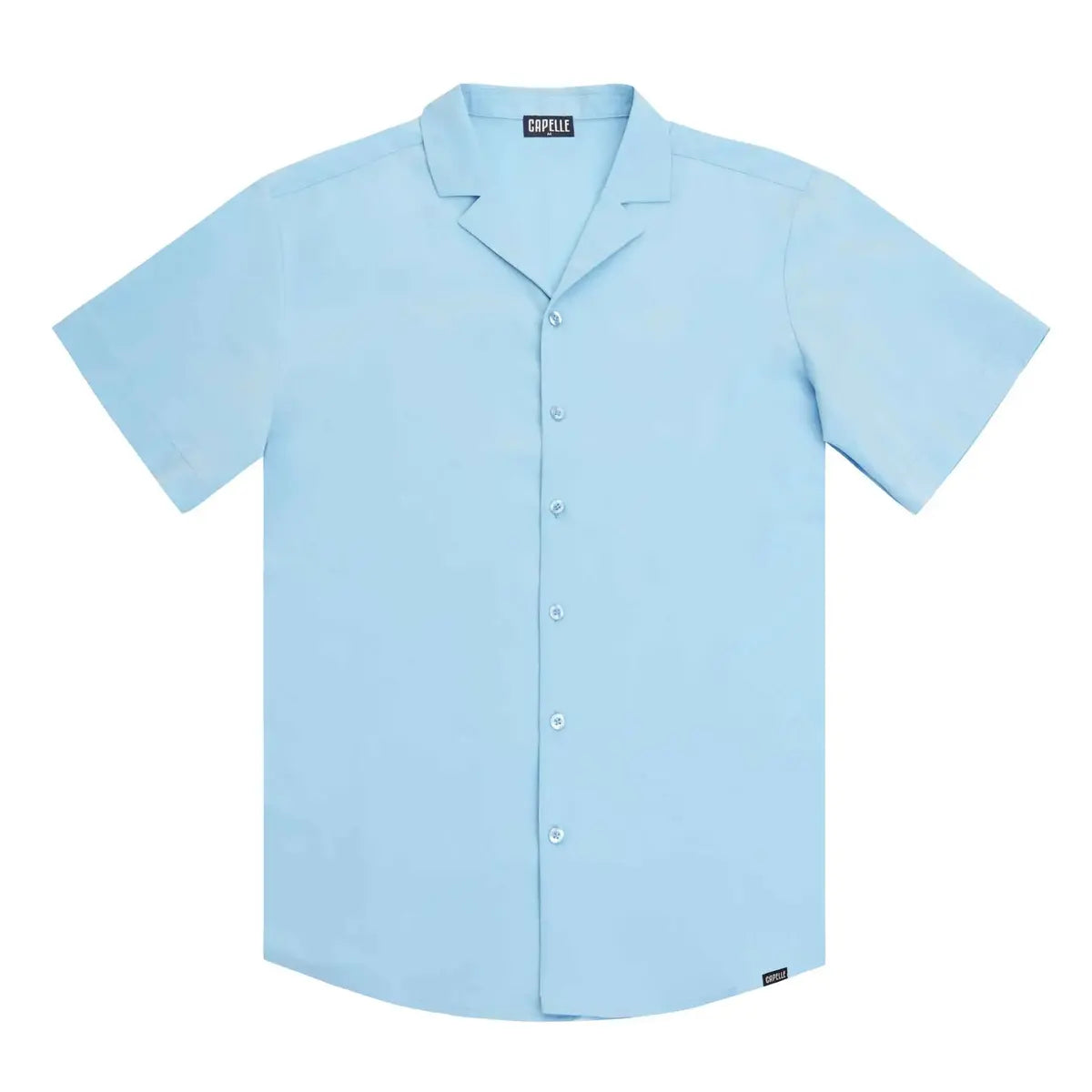 Blue Azure men's resort shirt in pale sky blue, short sleeve camp collar button down, front view
