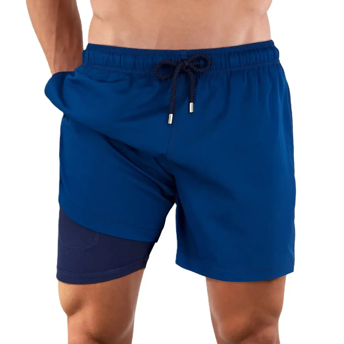 Blue Sapphire men's hybrid swim short in solid royal blue with a navy drawstring, front view showing the navy compression liner