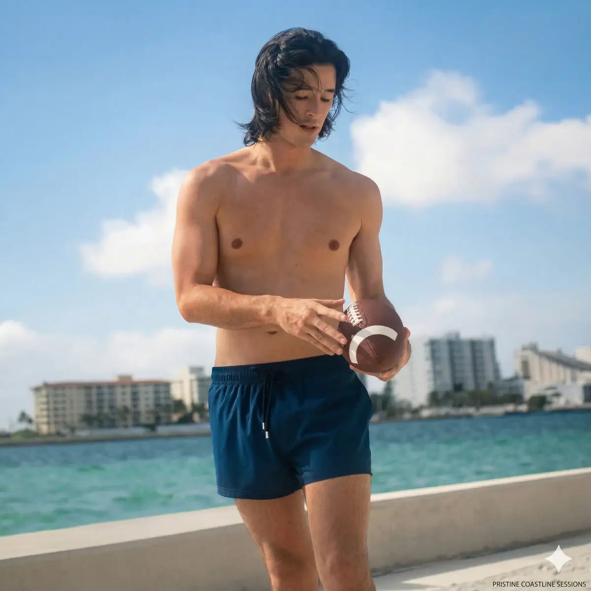 Man in Blue Sapphire hybrid swim shorts in the 3 inch Short, solid royal blue, outdoors