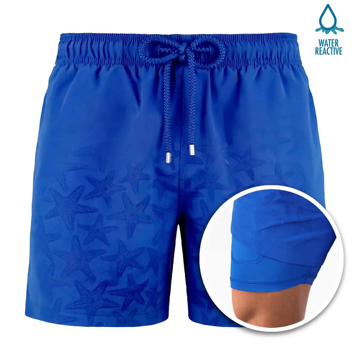 Close-up of the Magic Blue Stars water reactive fabric in royal blue with the tonal starfish print