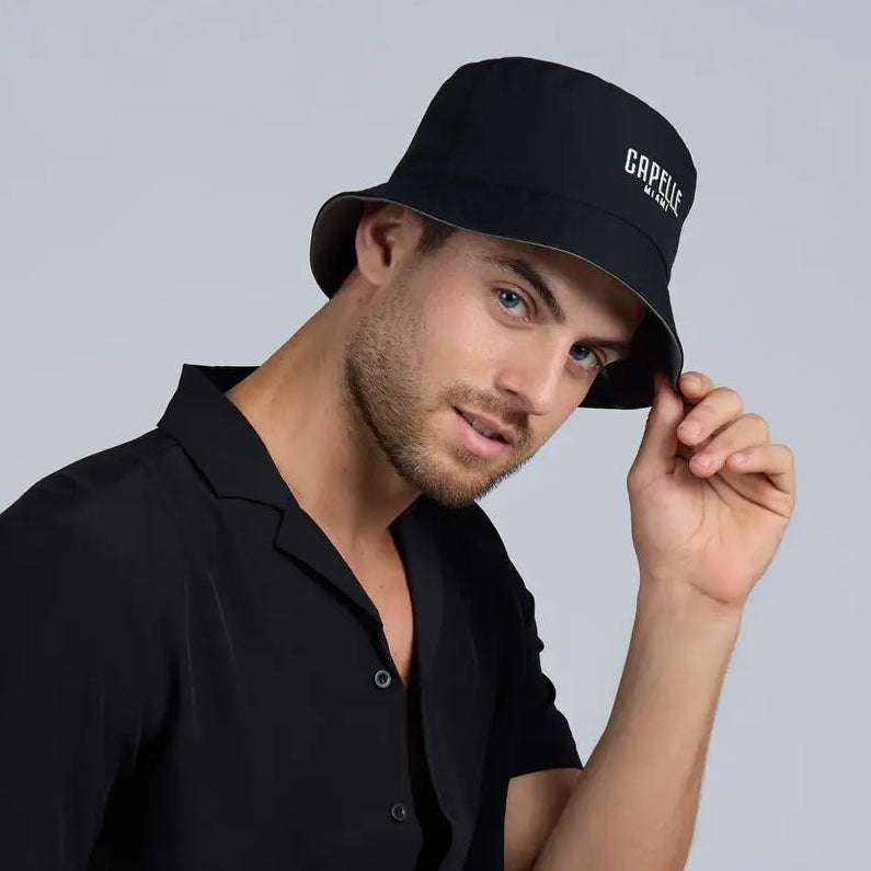 Black and Gray Reversible Bucket Hat worn black side out, Capelle Miami