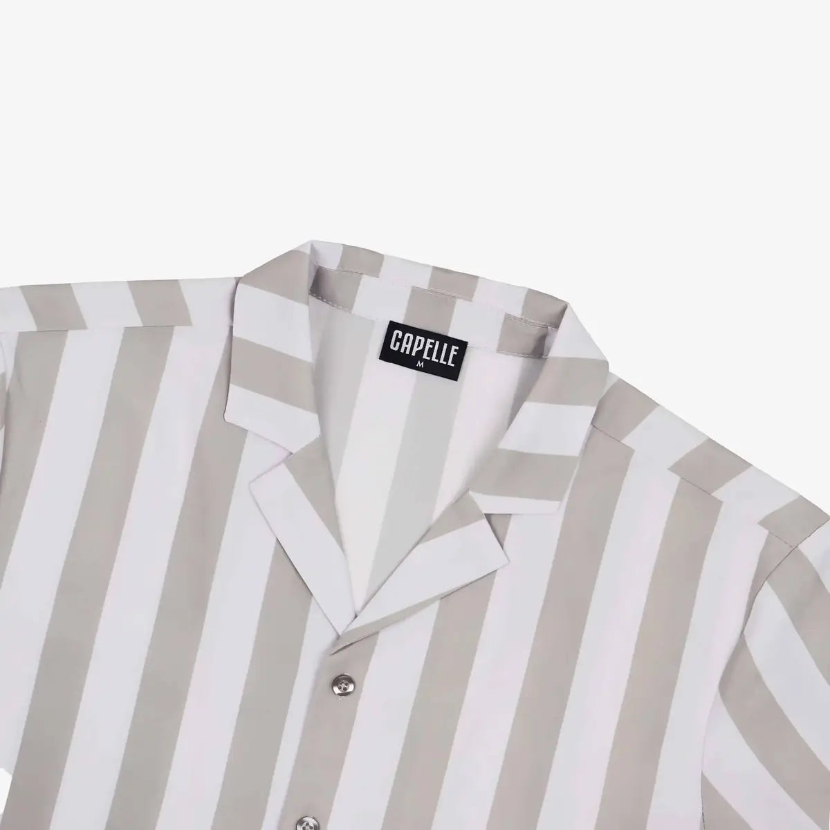 Close-up of the Capri resort shirt fabric, a wide taupe and white vertical stripe
