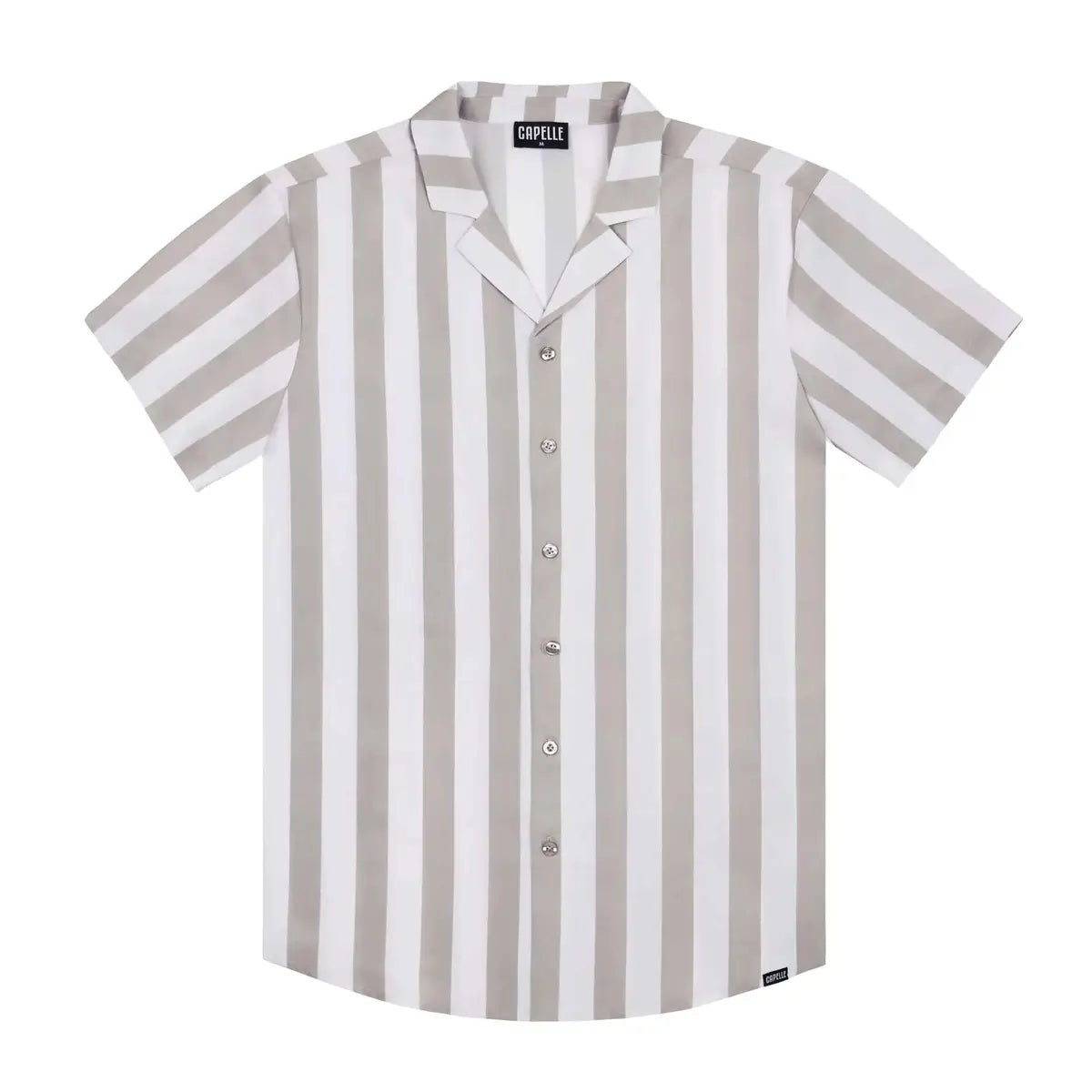 Capri men's resort shirt in a wide taupe and white vertical stripe, short sleeve camp collar button down, front view