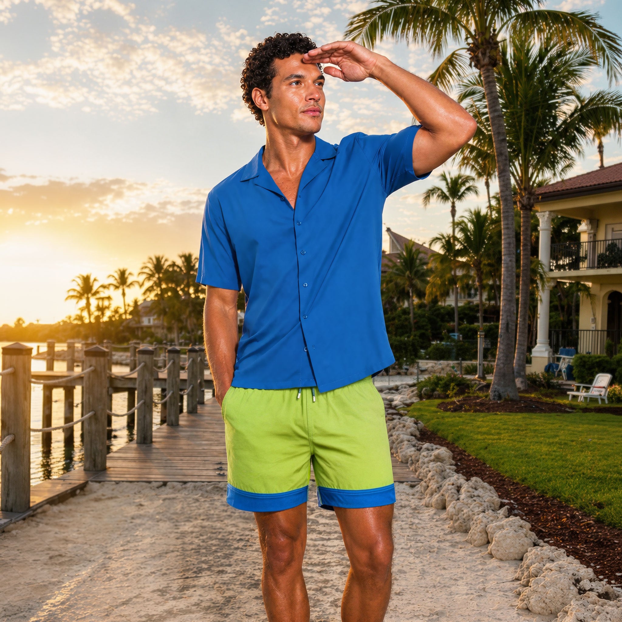 Man in an Ocean Blue resort shirt worn open over Key Lime hybrid swim shorts