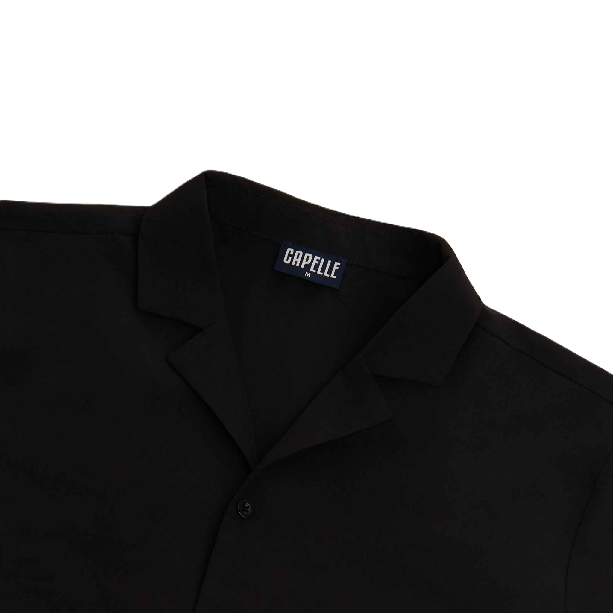 Close-up of the Black Onyx resort shirt fabric and collar in black
