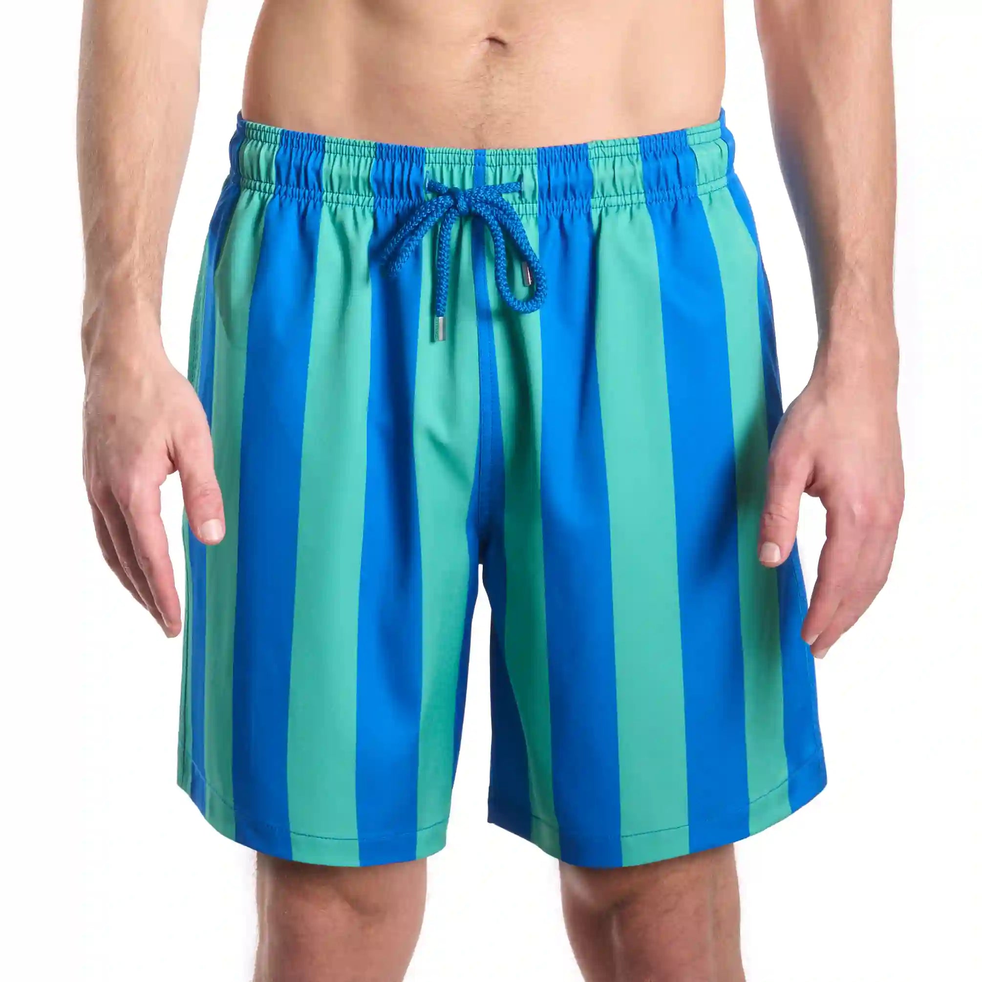 Coastal Cabana, Ocean and Palm men's hybrid swim short in the 9 inch Long, blue and green cabana stripe, front view