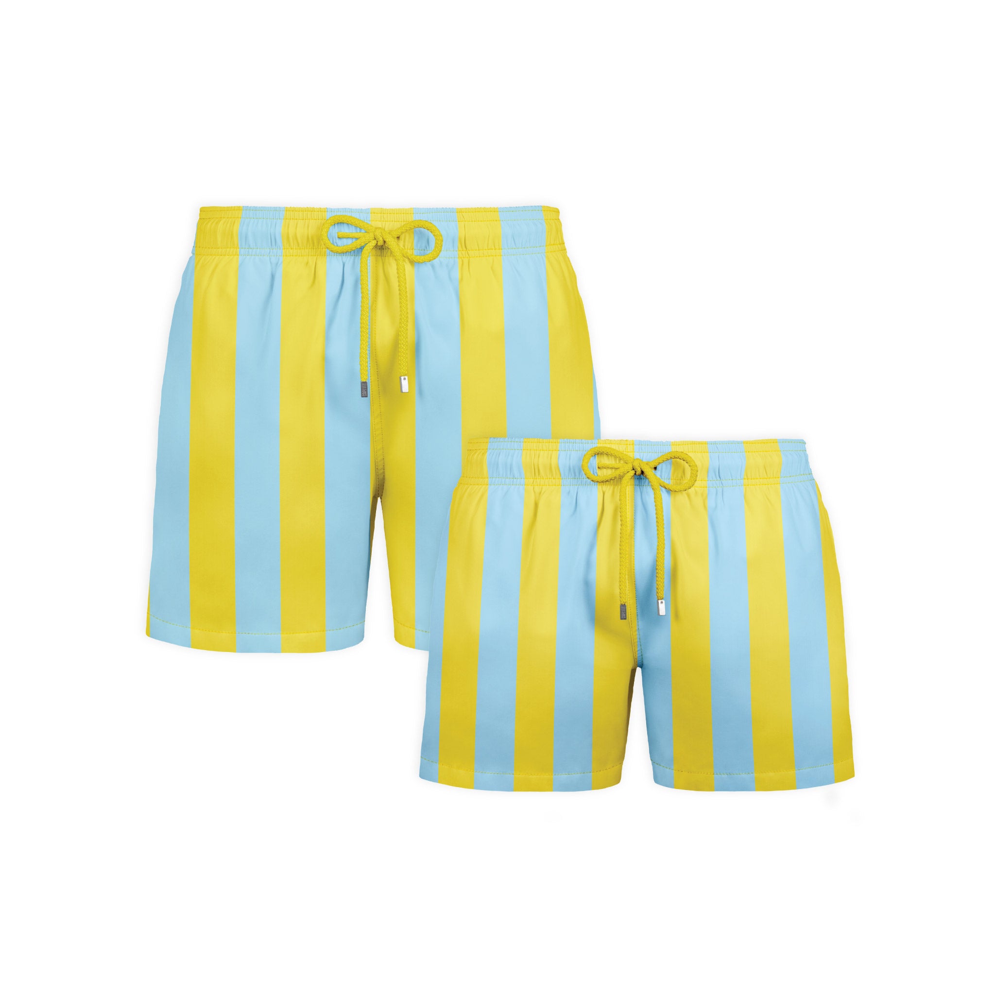 Coastal Cabana, Sun and Sky dad and son matching set, men's and boys hybrid swim shorts in the same yellow and pale blue cabana stripe