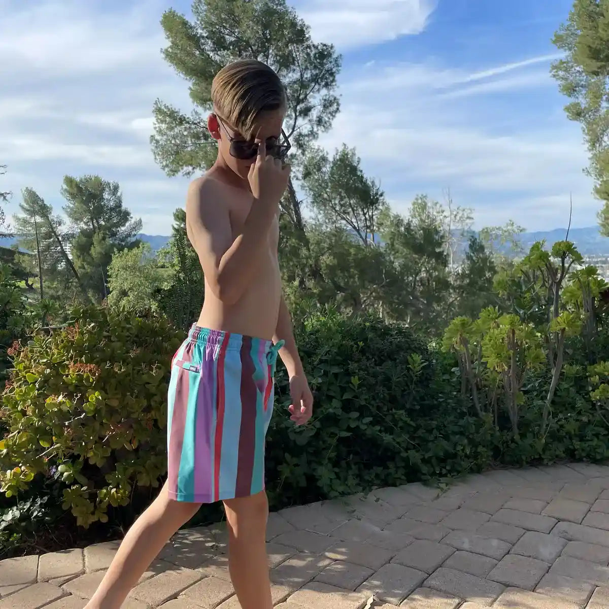 Coastal Cabana, Zest boys hybrid short, worn on model
