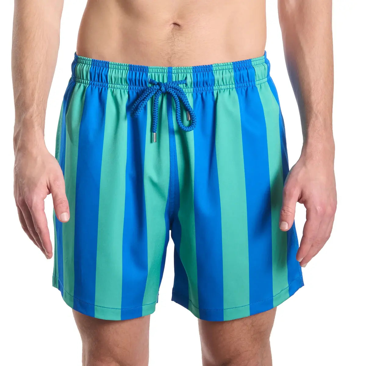 Coastal Cabana, Ocean and Palm men's hybrid swim short in a blue and green cabana stripe, front view, second angle