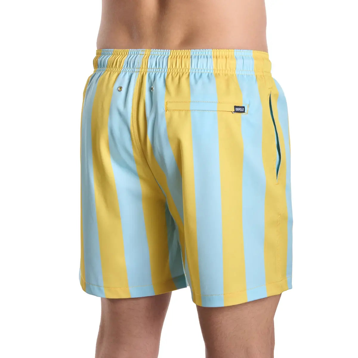 Coastal Cabana, Sun and Sky men's hybrid swim short in a yellow and pale blue cabana stripe, back view