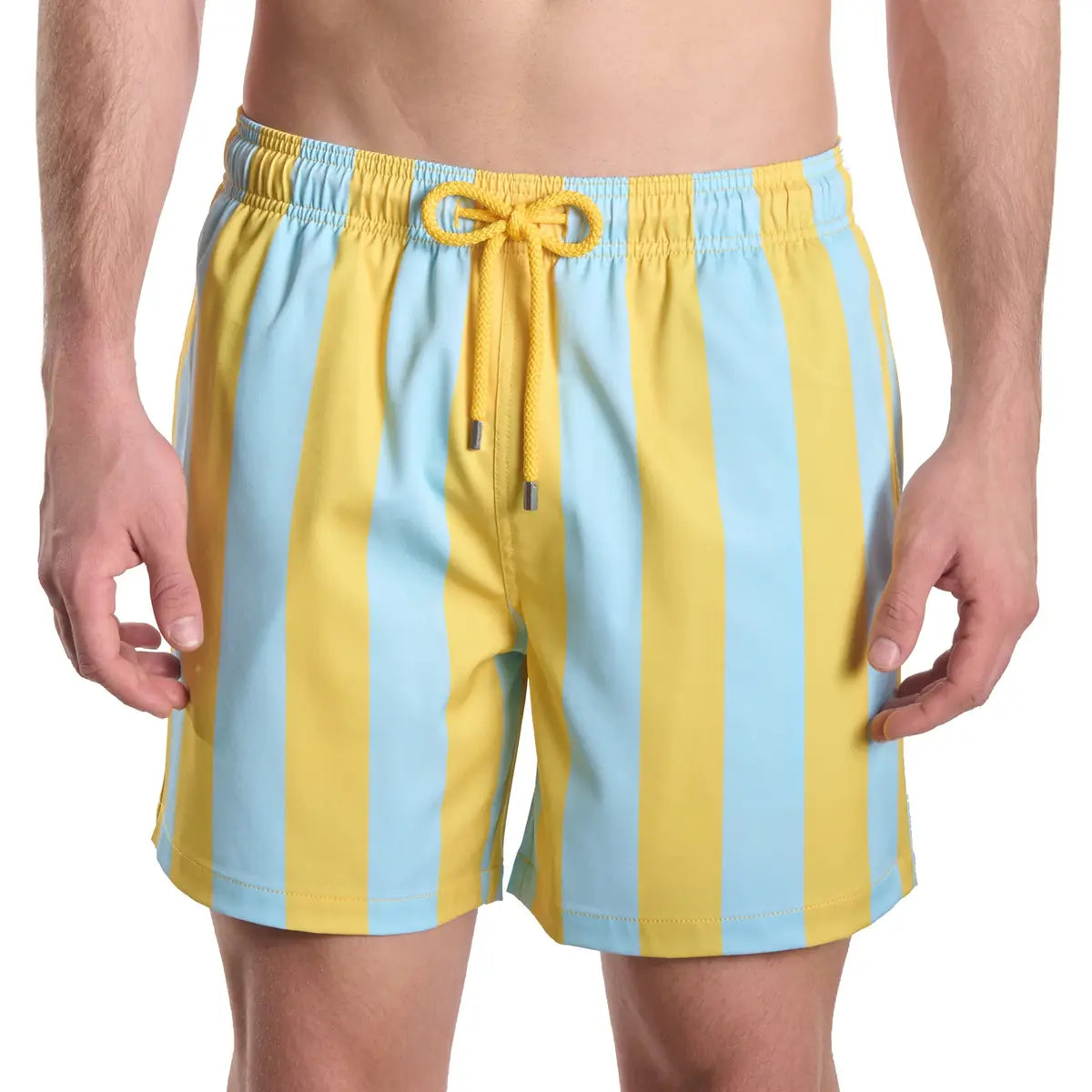 Coastal Cabana, Sun and Sky men's hybrid swim short in a yellow and pale blue cabana stripe, front view, second angle