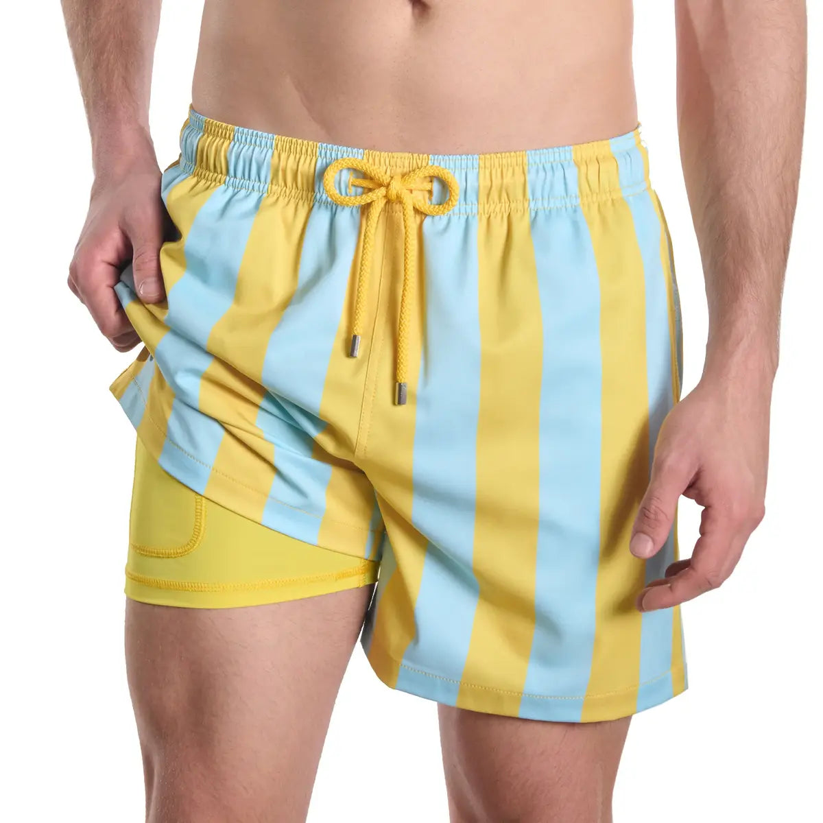 Coastal Cabana, Sun and Sky men's hybrid swim short, wide yellow and pale blue cabana stripe with a yellow drawstring, front view showing the yellow compression liner