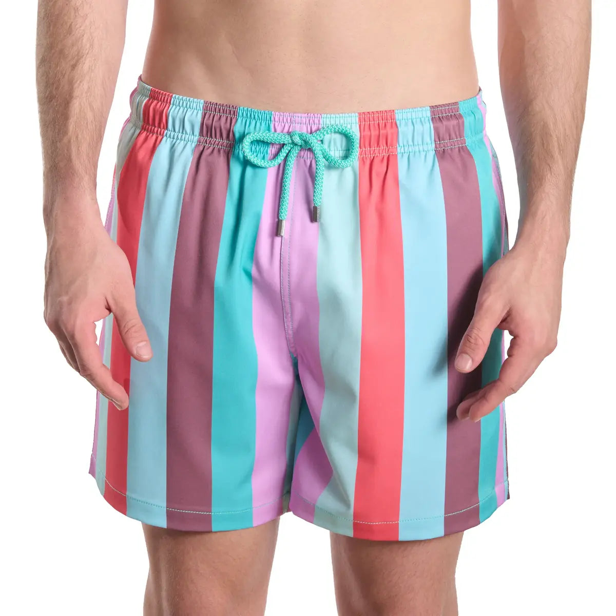 Coastal Cabana, Zest men's hybrid swim short in a multicolor cabana stripe, front view, second angle