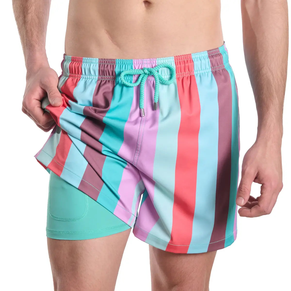 Coastal Cabana, Zest men's hybrid swim short, wide multicolor cabana stripe in coral, mint, pink and teal, front view showing the mint compression liner