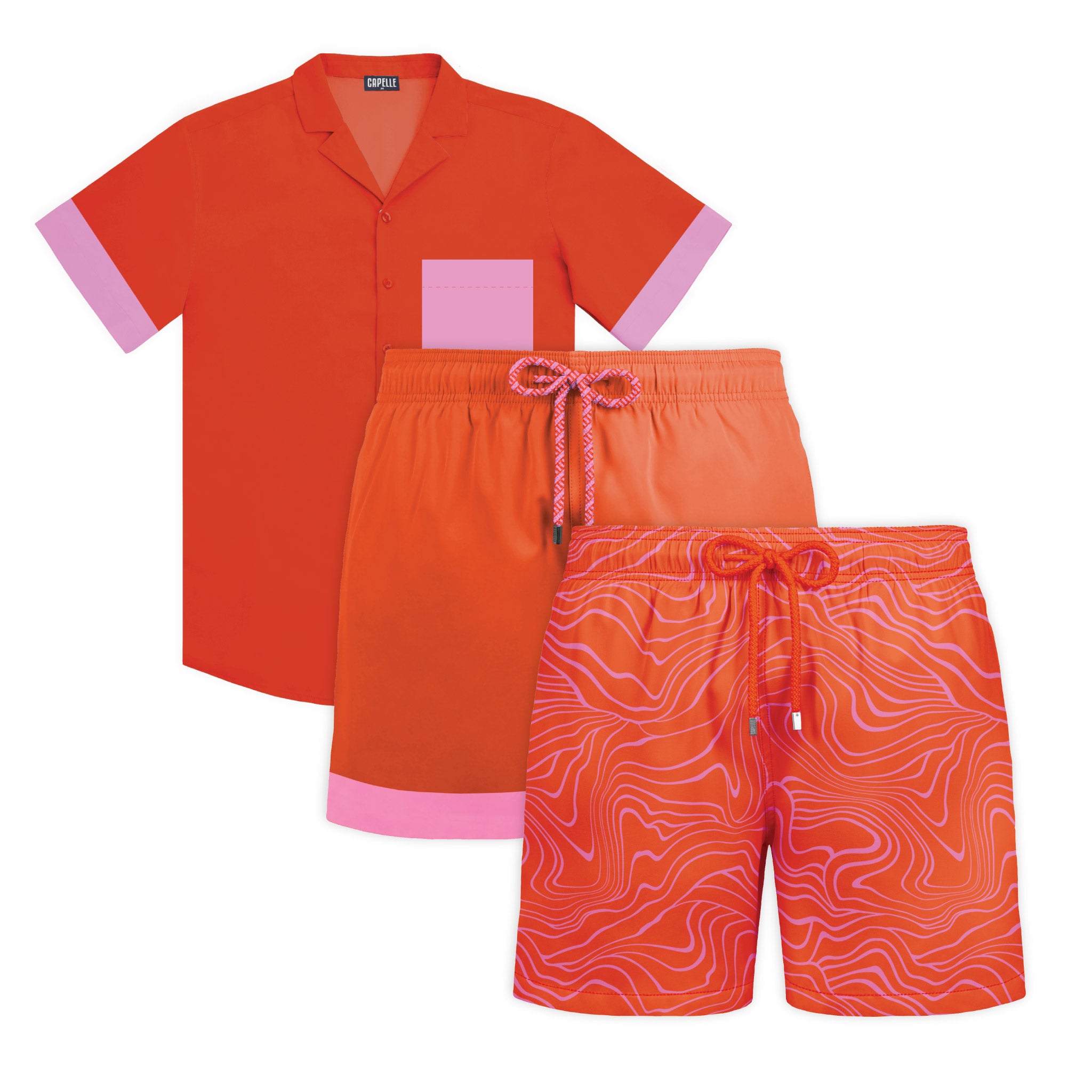Heatwave Coral resort set, Coral Flame shirt with Coral Flame and Sand Waves Heat and Bloom hybrid swim shorts