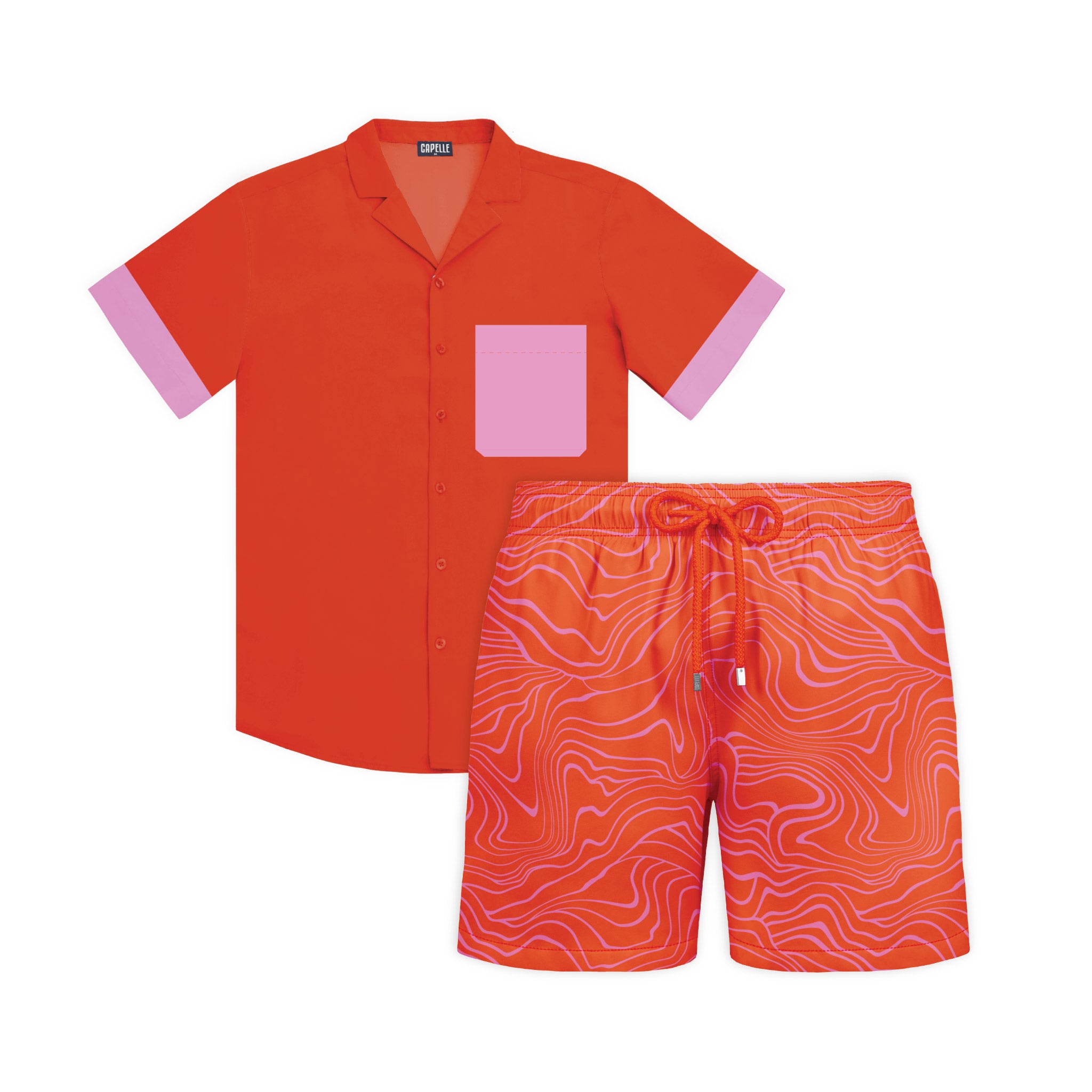Flame Tide resort set, Coral Flame shirt with Sand Waves Heat and Bloom hybrid swim shorts