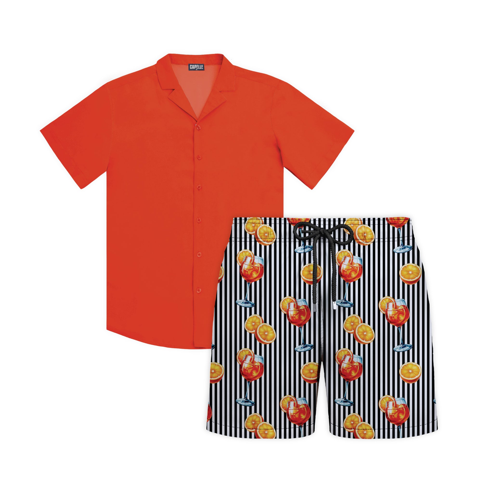 Spritz Coral resort set, Coral shirt with Sunset Spritz Surf and Storm hybrid swim shorts