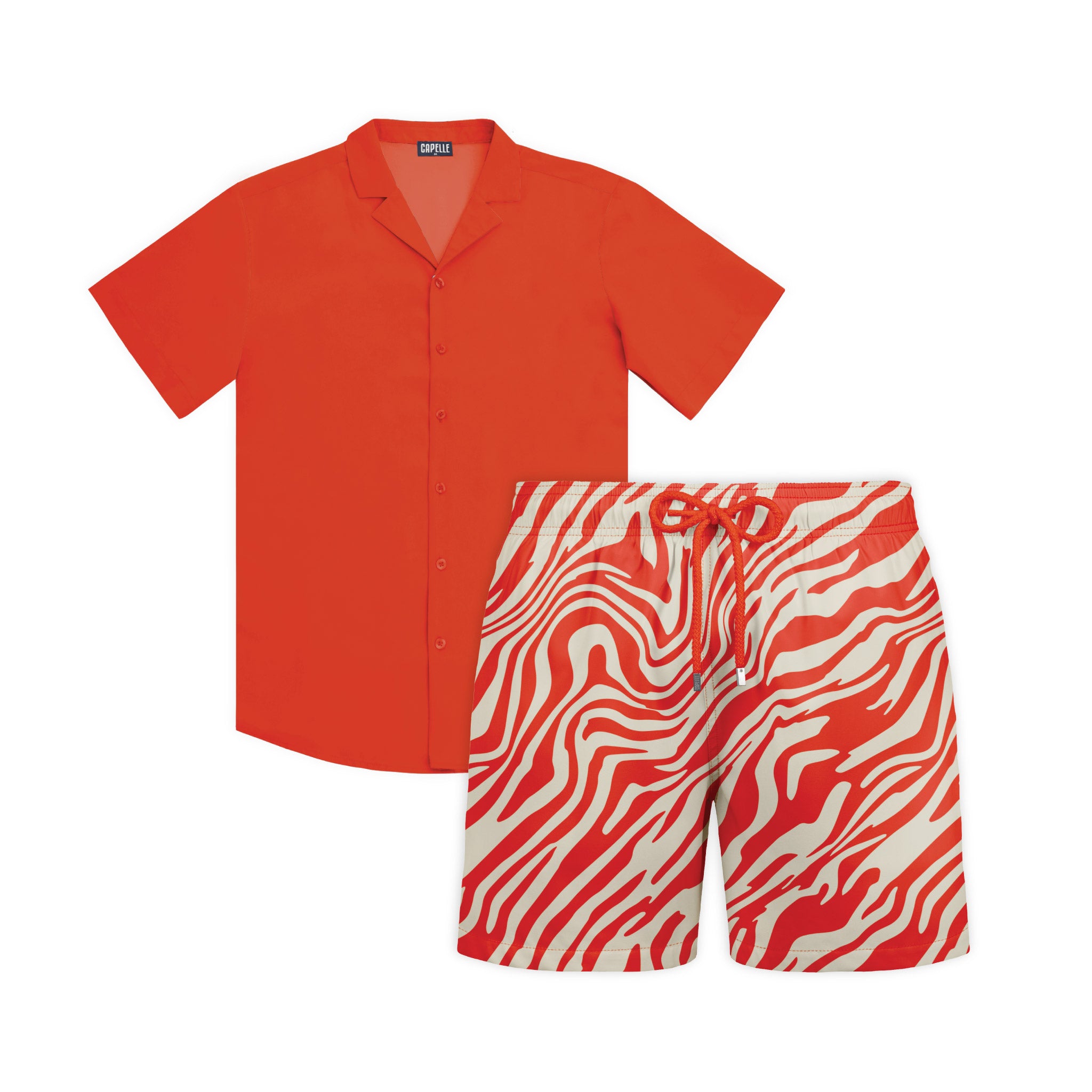 Reef Line resort set, Coral shirt with Tropical Swirl Coral and Sand hybrid swim shorts