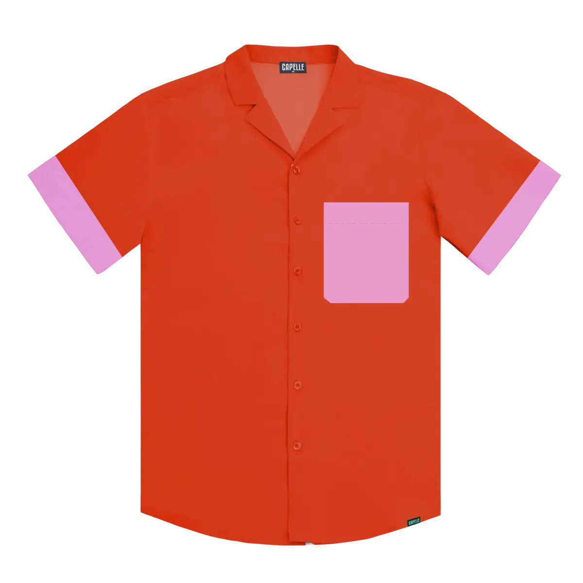 Coral Flame men's resort shirt in coral orange with a contrast pink chest pocket and cuffs, short sleeve camp collar button down, front view