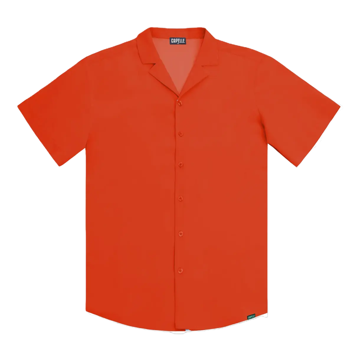Coral men's resort shirt in coral orange, short sleeve camp collar button down, flat front view