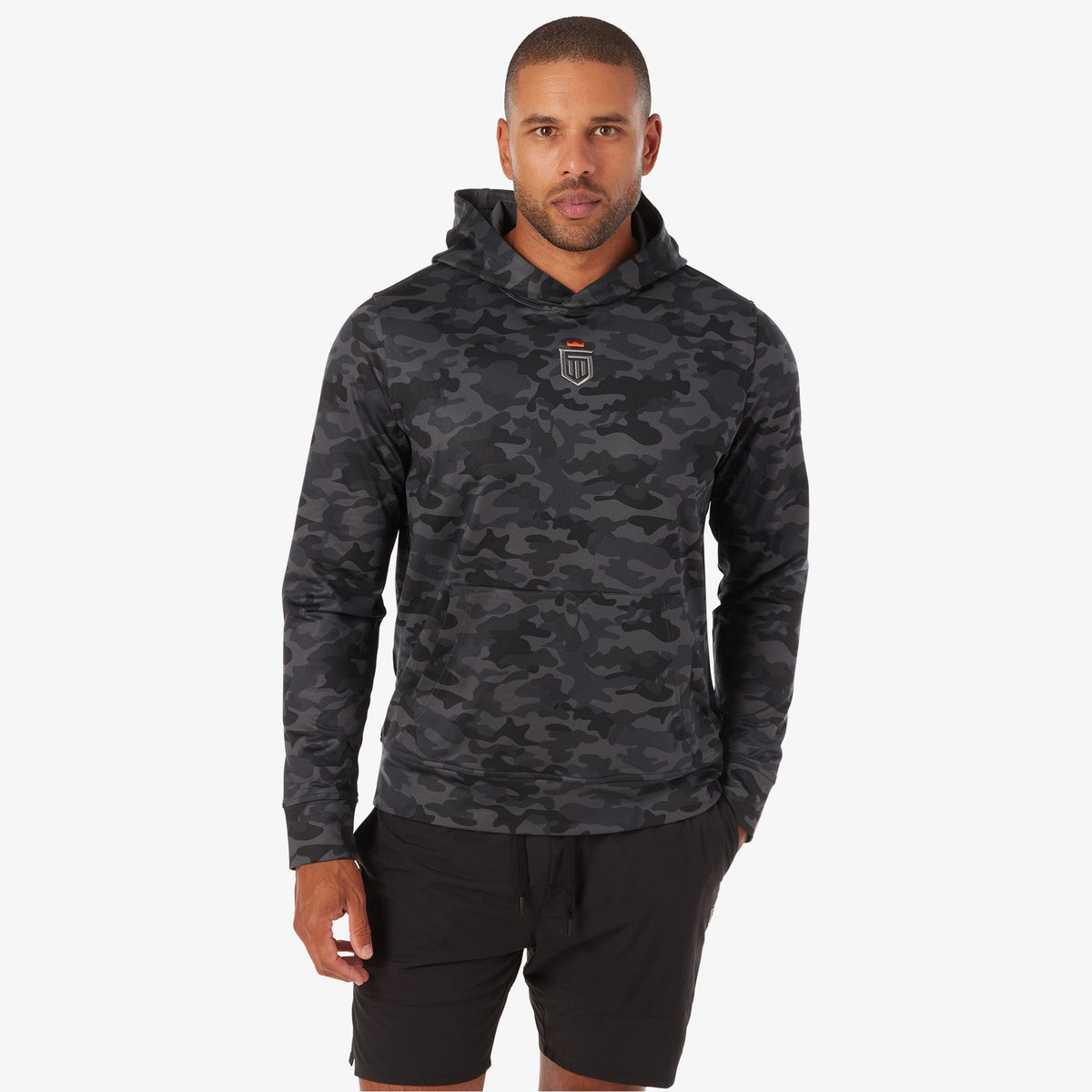 Greatness Wins Core Tech Hoodie in Black Camo, view 2