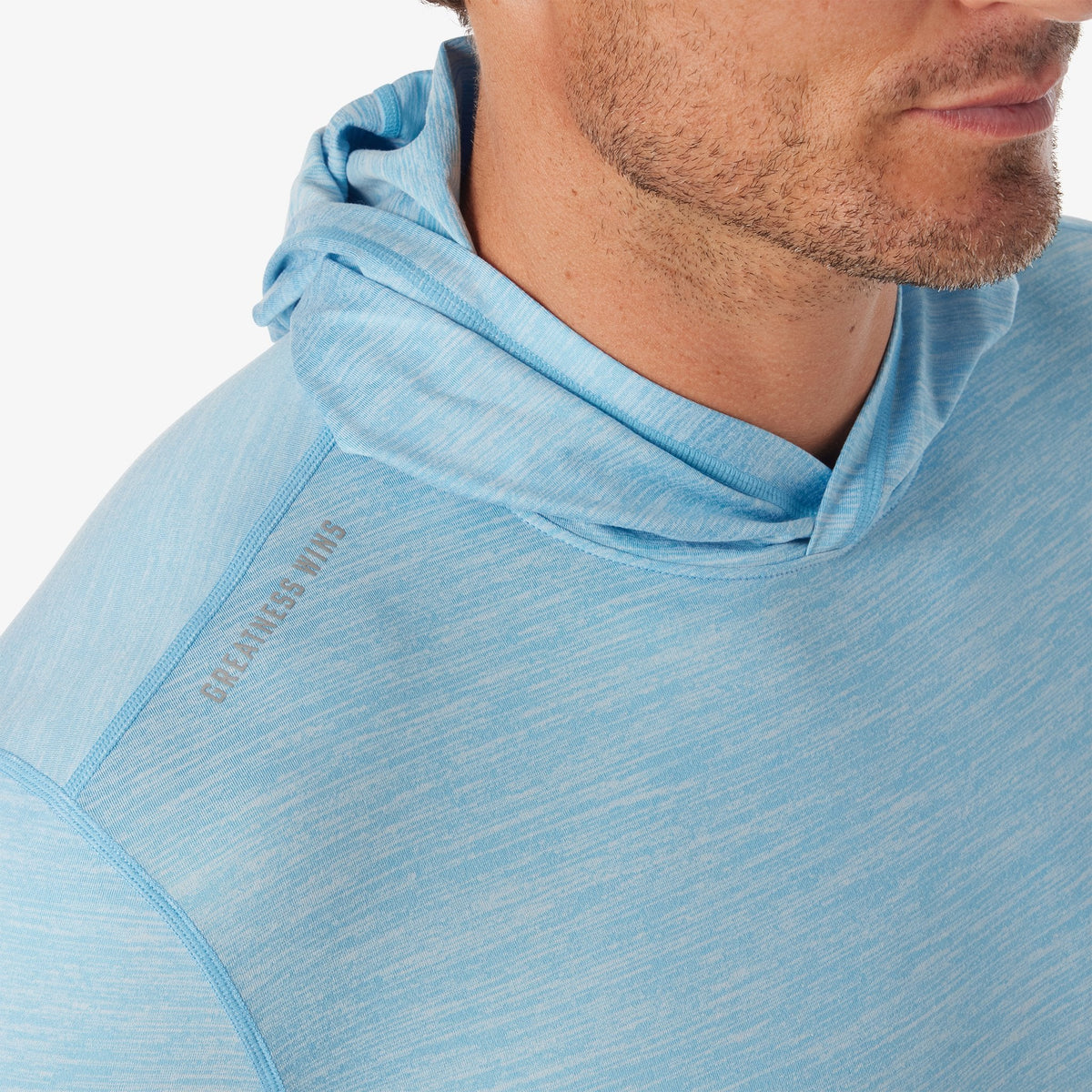 Greatness Wins Core Tech T-Shirt Hoodie in Carolina Blue, view 2