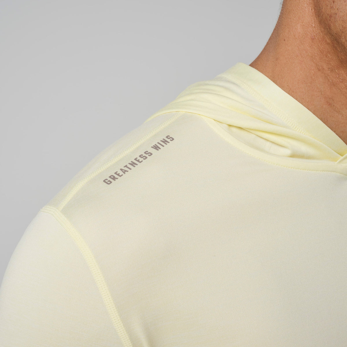 Greatness Wins Core Tech T-Shirt Hoodie in Peach Sorbet Heather, view 4