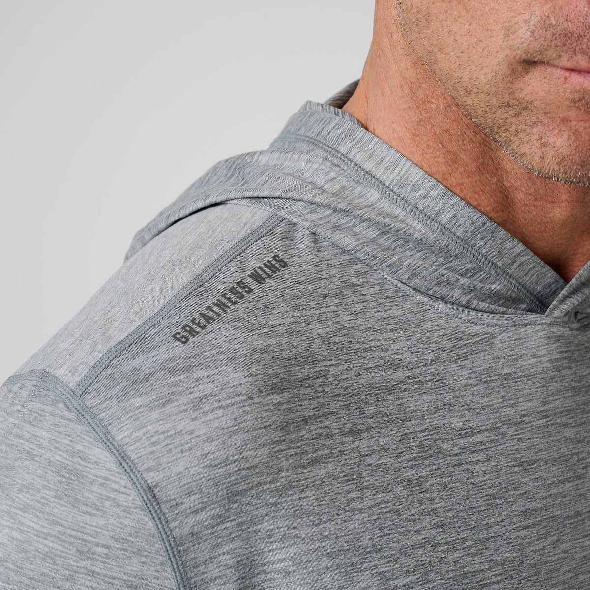 Greatness Wins Core Tech T-Shirt Hoodie in Athletic Gray Heather, view 7