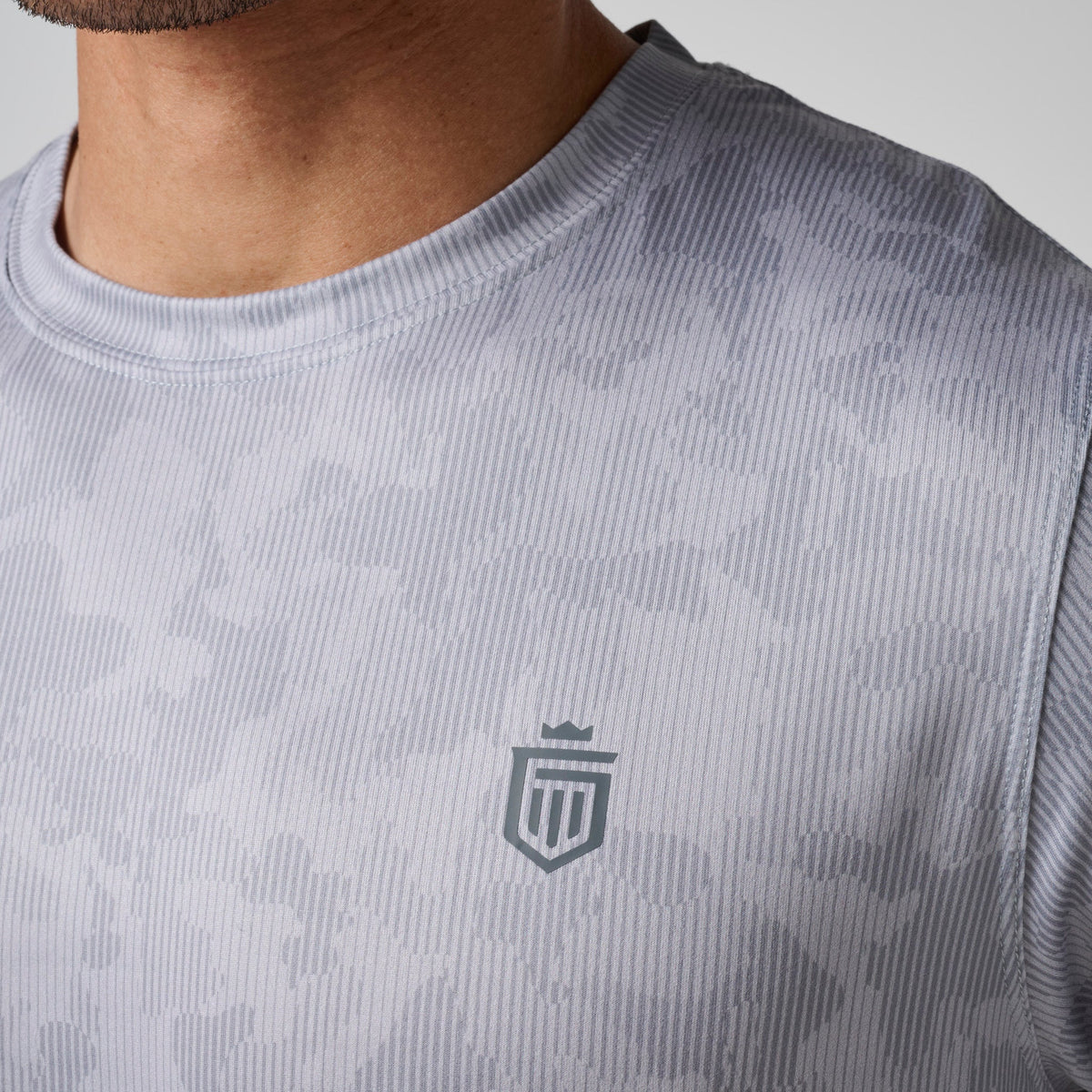 Greatness Wins Core Tech Tee in Ash Gray Camo, view 2