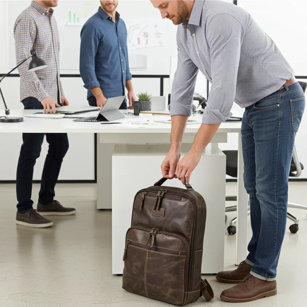 Miami Leathers Crazy Horse leather 16 inch laptop backpack, brown, detail