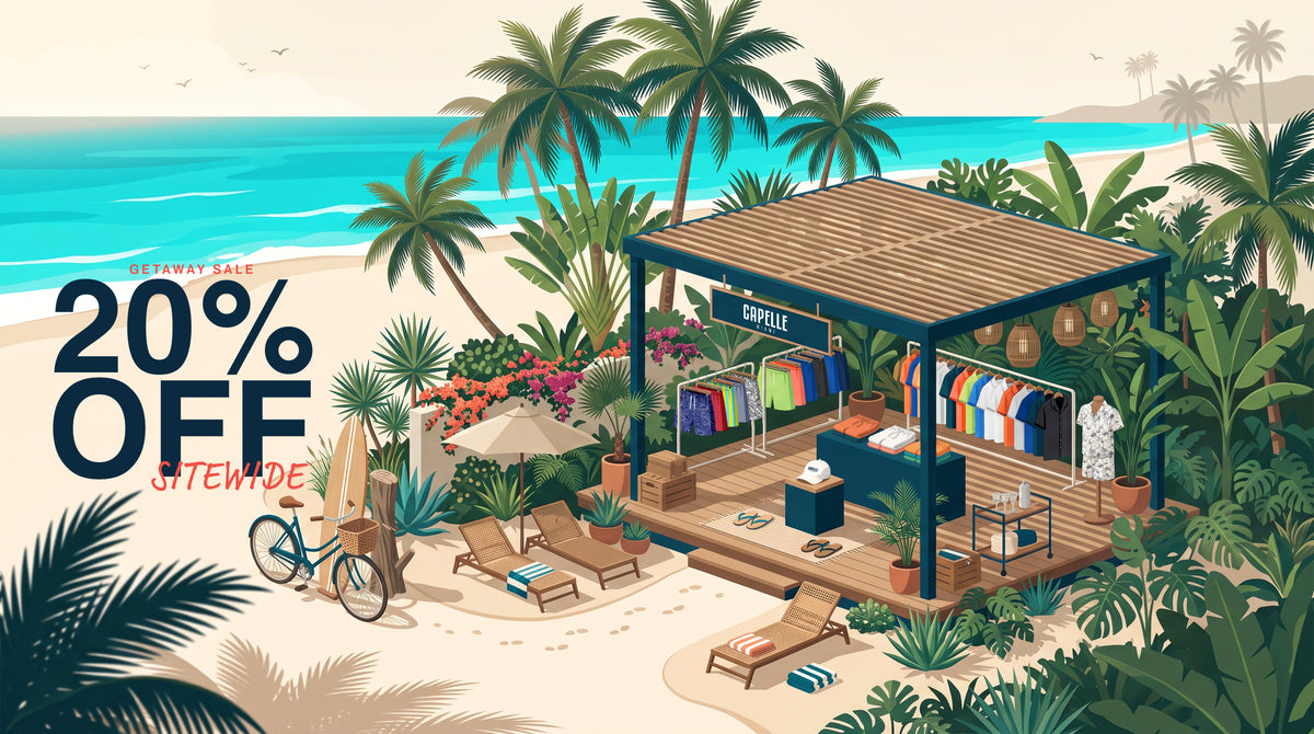 An illustrated beach cabana with racks of Capelle Miami shorts and shirts.