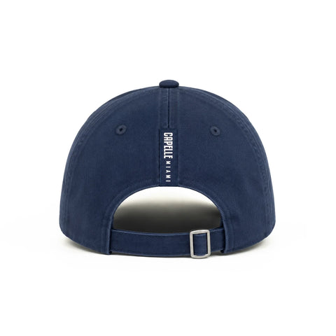 Navy Crew dad hat, back, fabric strap with tri-glide buckle