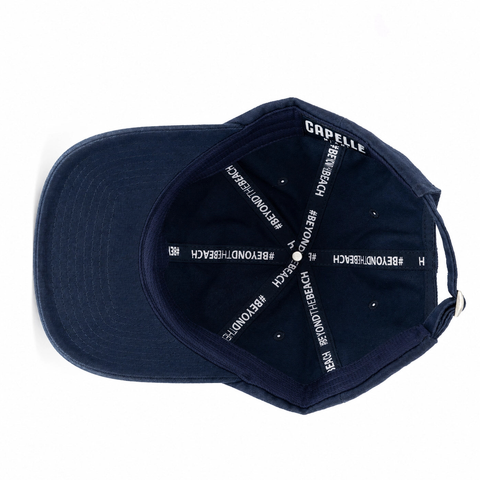 Navy Crew dad hat, underside, BEYONDtheBEACH interior taping