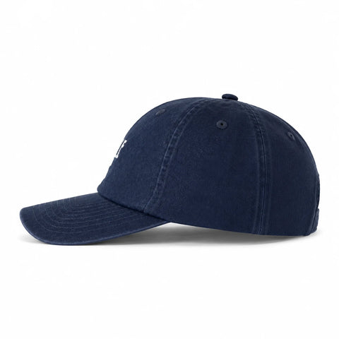 Navy Crew dad hat, side, stone washed twill and low profile crown