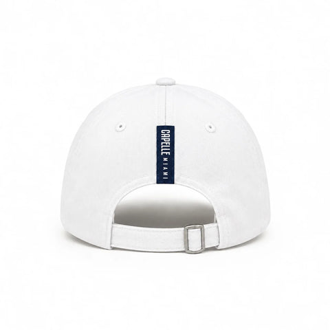 Arctic White Crew dad hat, back, white strap with tri-glide buckle
