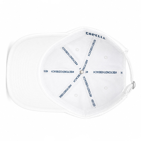 Arctic White Crew dad hat, underside, BEYONDtheBEACH interior taping