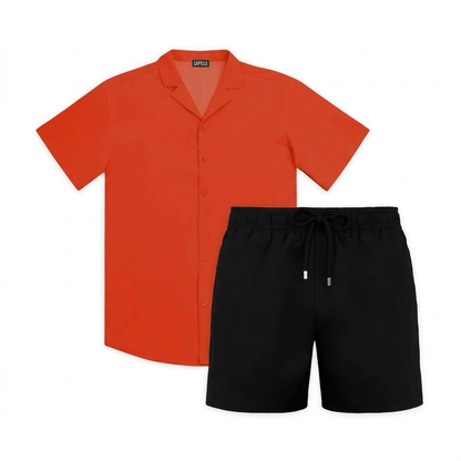 Dark Coral resort set, Black Onyx hybrid swim short with Coral resort shirt, flat set view