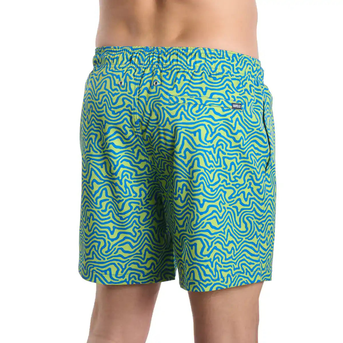 Deco Maze, Key Lime men's hybrid swim short in a lime and blue swirled maze print, back view