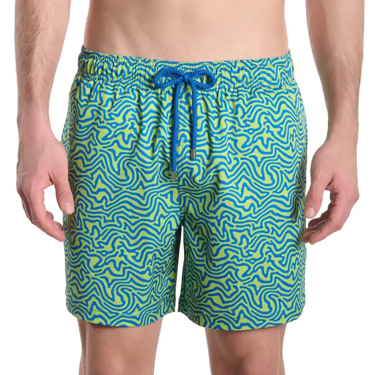 Deco Maze, Key Lime men's hybrid swim short in a lime and blue swirled maze print, front view, second angle