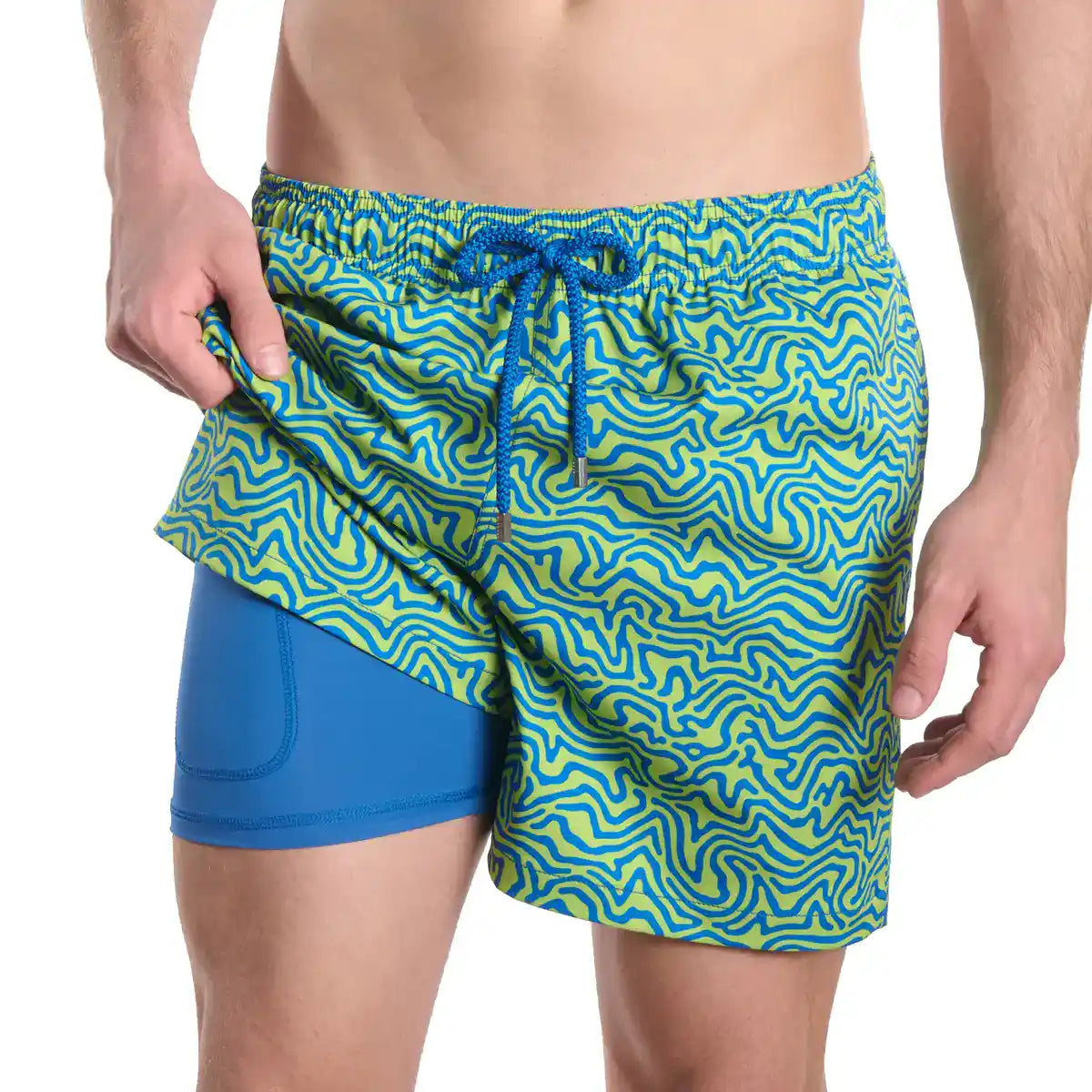 Deco Maze, Key Lime men's hybrid swim short, lime green and blue swirled maze print with a blue drawstring, front view showing the blue compression liner