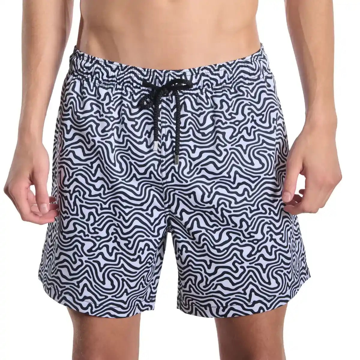 Deco Maze, Surf and Storm men's hybrid swim short in a black and white swirled maze print, front view, second angle