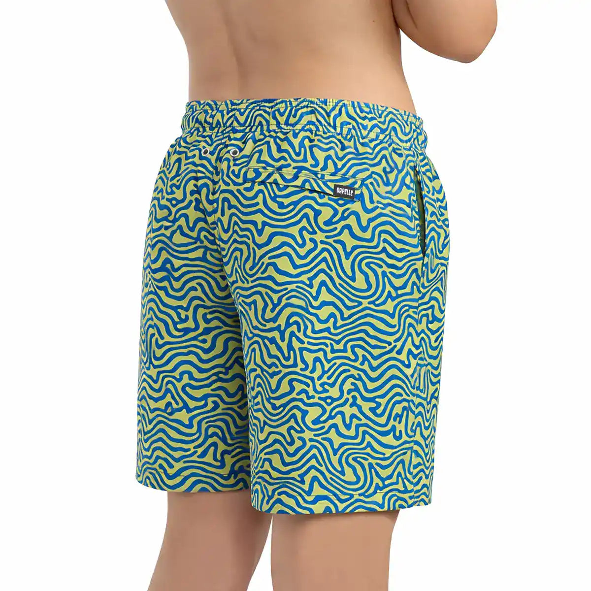 Deco Maze, Key Lime boys hybrid short, back view