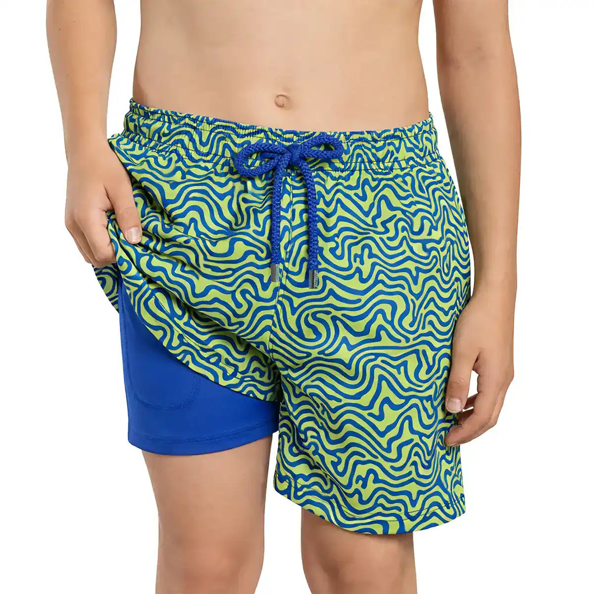 Deco Maze, Key Lime boys hybrid short, front view