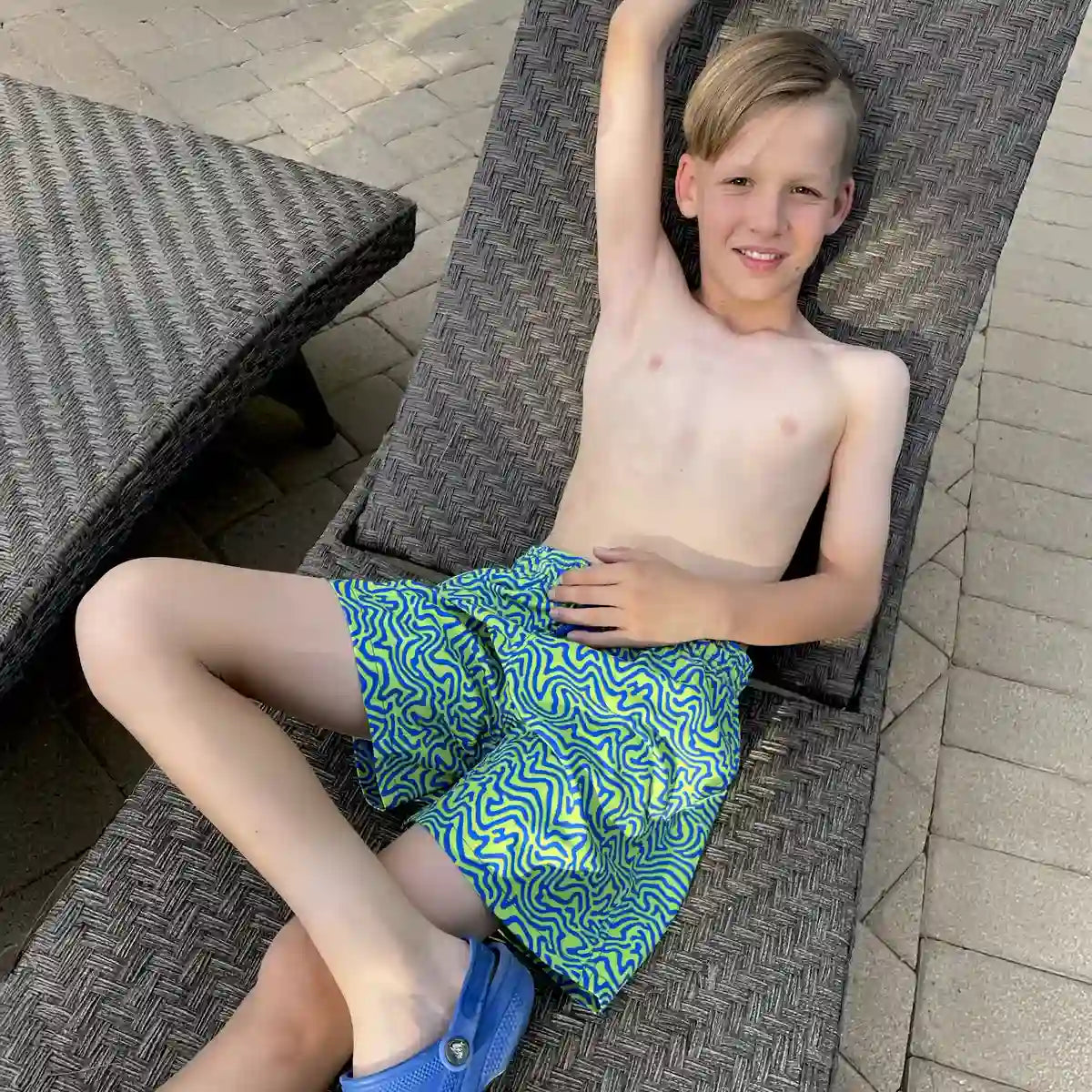 Deco Maze, Key Lime boys hybrid short, worn on model
