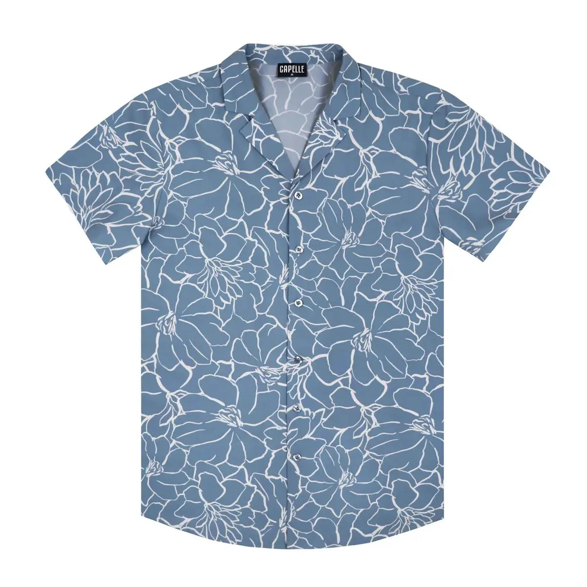 Early Bloom men's resort shirt, dusty blue with a white outlined magnolia print, short sleeve camp collar button down, front view